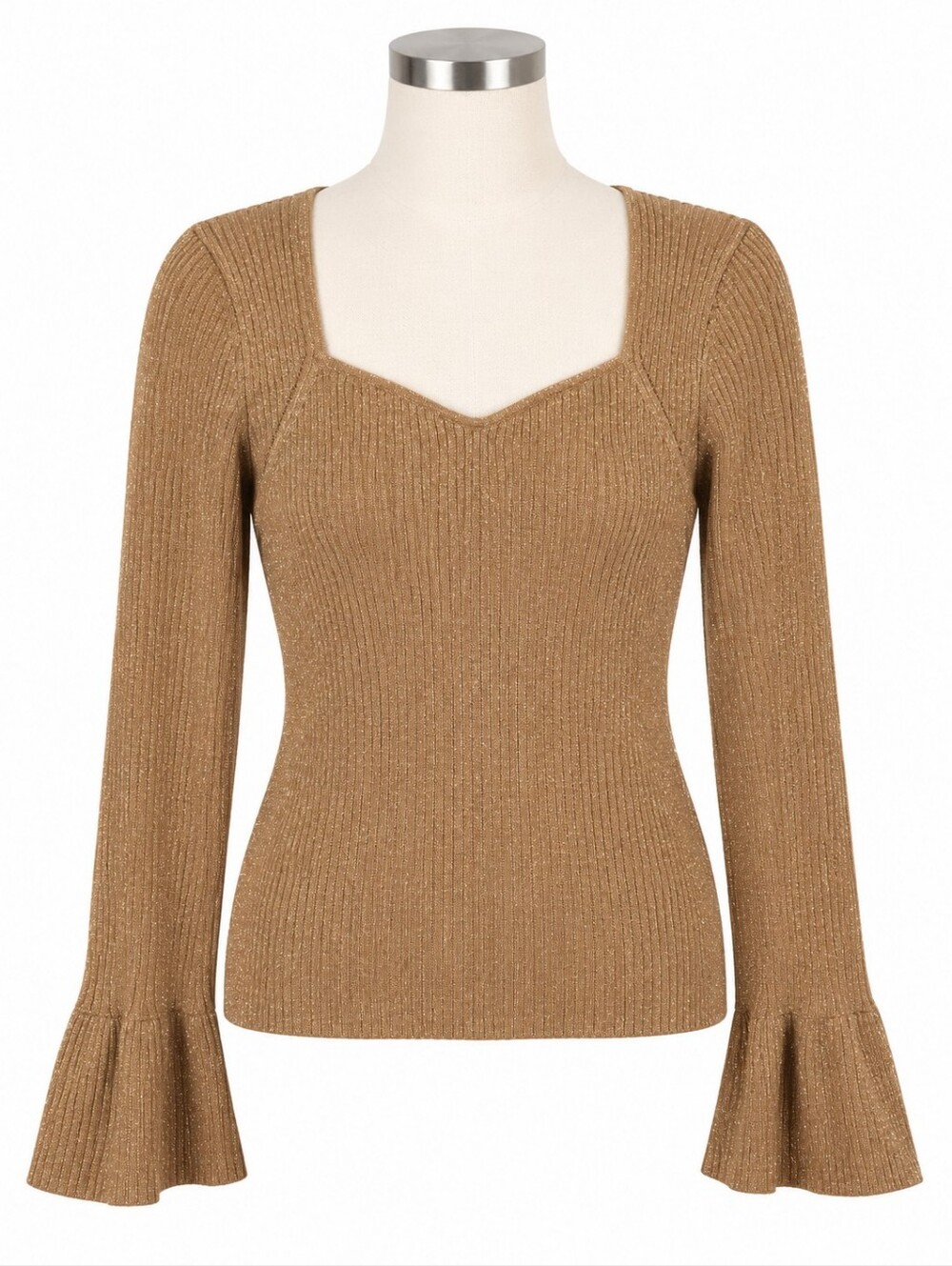 LOFT Shimmer Ribbed Sweetheart Neck Sweater M Camel Gold Metallic Flare Cuff